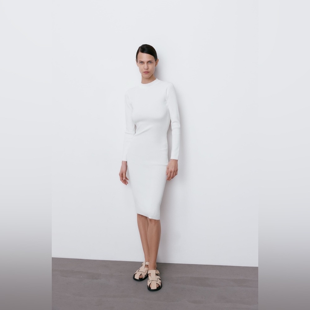 Zara Open Back Knit White Midi Dress